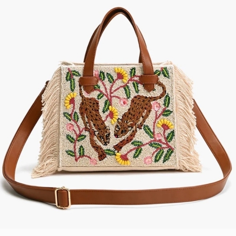 🤎🔹️America & Beyond🔹️ beaded fringed Temur Leopard Tote